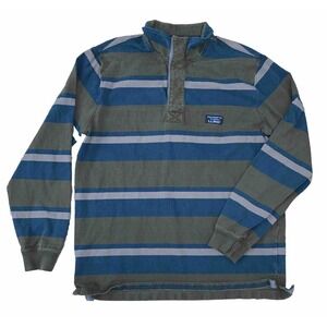 LL Bean Longsleeve Rugby Henley Polo Green Blue Striped 507514 Men's Size Medium